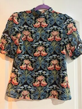 Anthropologie Black Floral Short Sleeve Blouse with Coral Flowers